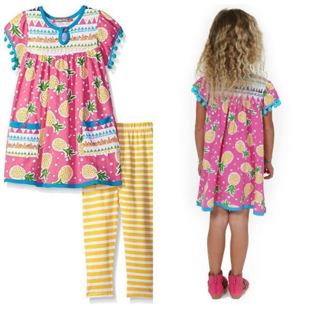 Jelly The Pug Girls 2T Pineapple Knit Dress Legging Set Outfit Pom Pom Trim